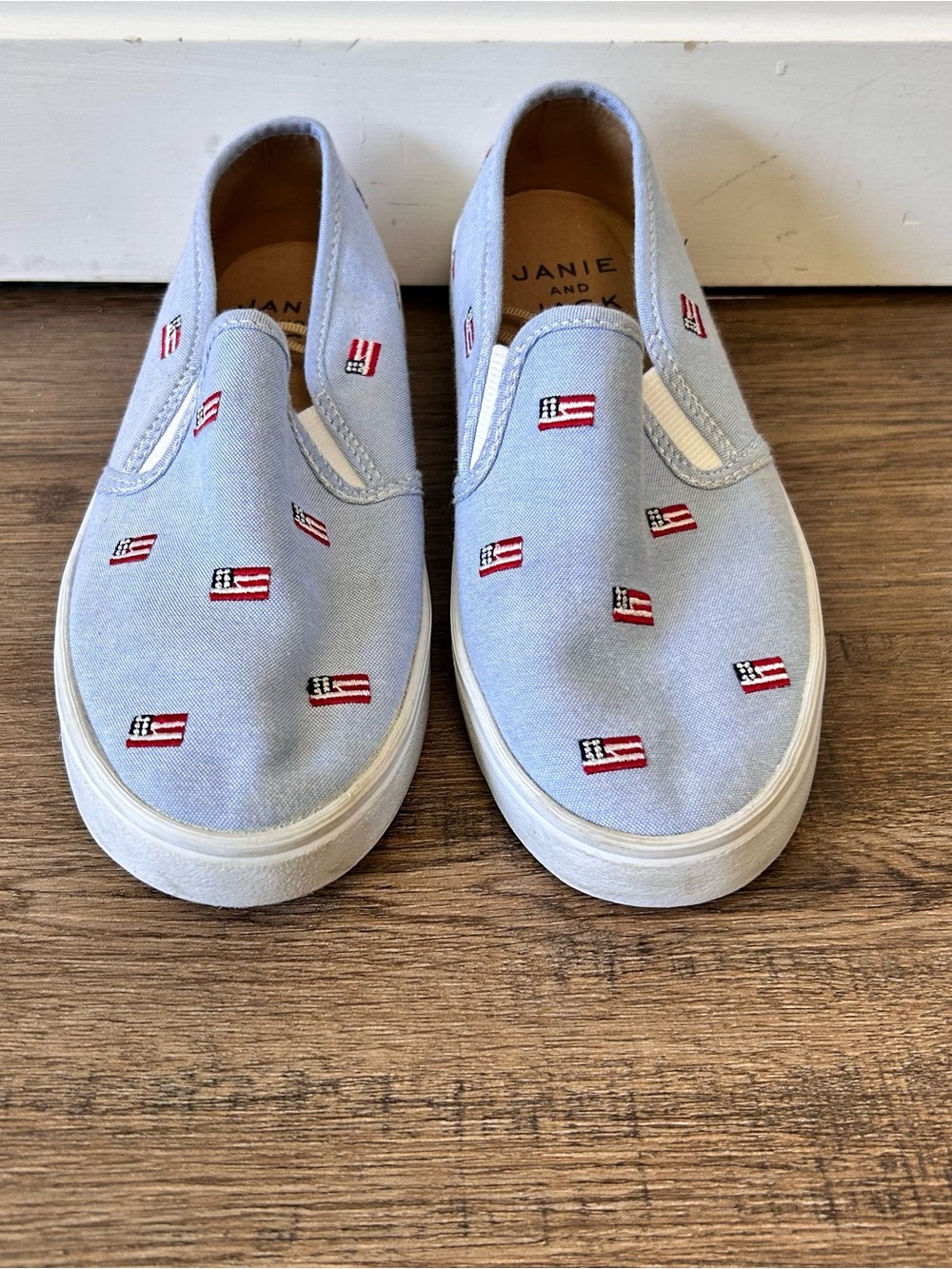 Janie and Jack| Light Blue Slip-On Sneakers with Mini Flag Embroidery sz 1
